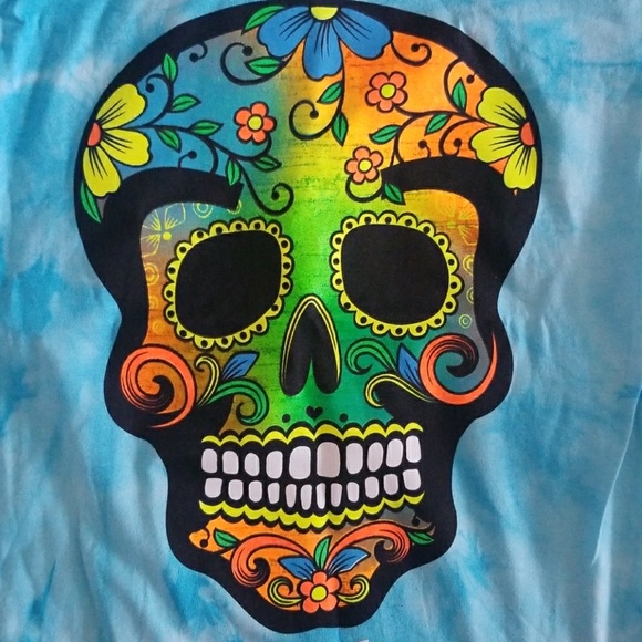 Colorful Skull Acapulco Mexico Blue Shirt - Picture 2 of 2
